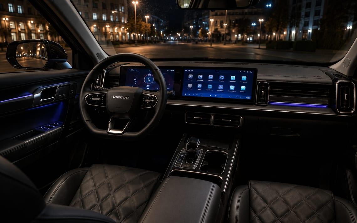 Передняя панель и руль JAECOO J7, кожаный салон с подсветкой